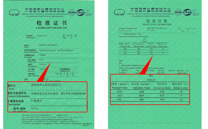 LS132UV能量計(jì)校準(zhǔn)證書